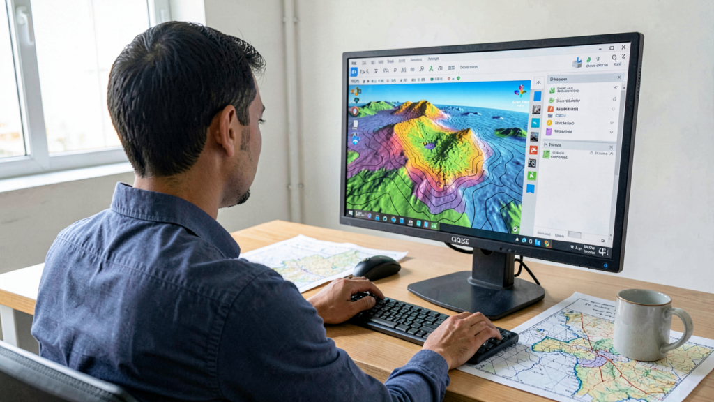 Especialista SIG analizando curvas de nivel topográficas generadas en QGIS a partir de un DEM