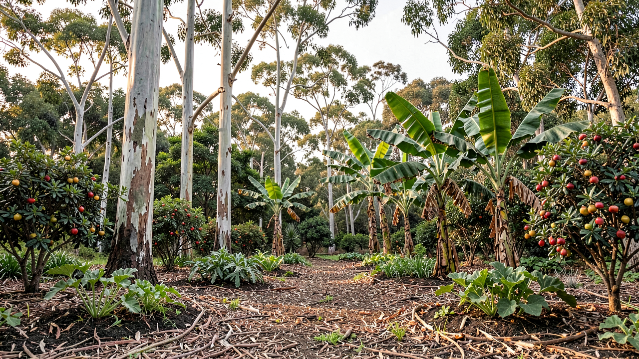 Sistema agroforestal de agricultura sintrópica con estratificación y mulch de biomasa