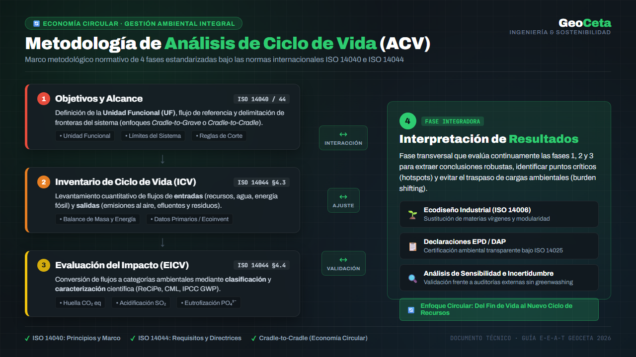 Esquema metodológico de las 4 fases del Análisis de Ciclo de Vida bajo ISO 14040 e ISO 14044