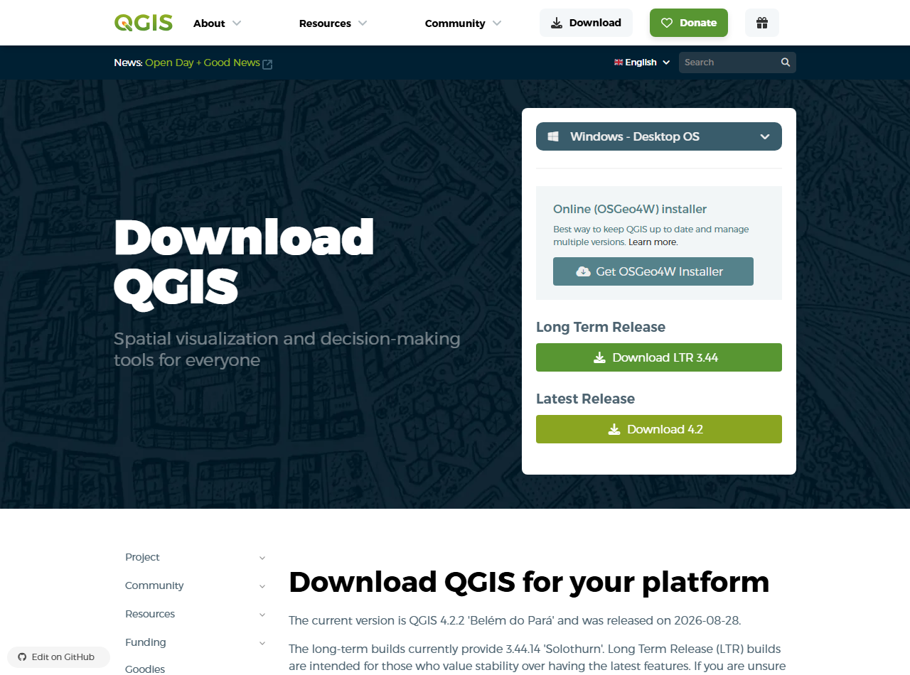 Sección oficial de descargas de QGIS en qgis.org para Windows LTR