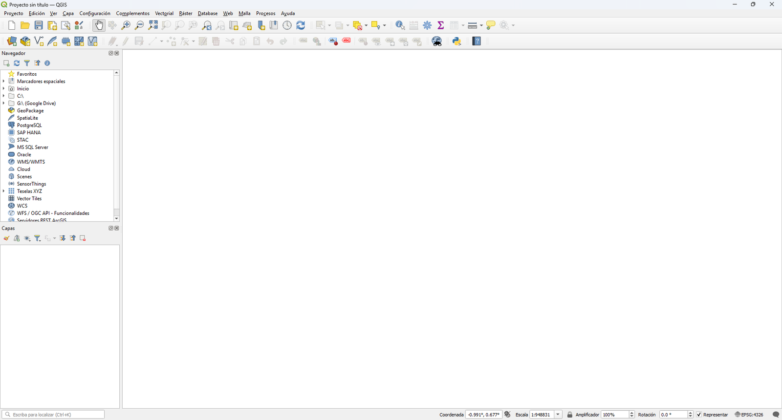 Pantalla de bienvenida y paneles principales de QGIS Desktop en español