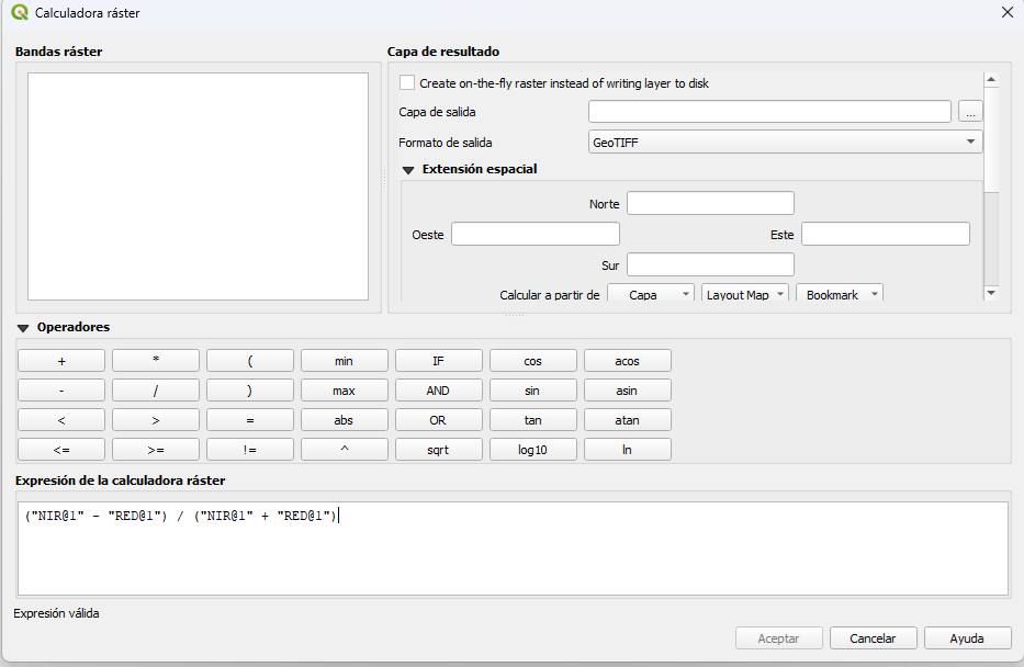 Configuración de la fórmula NDVI en la Calculadora ráster de QGIS