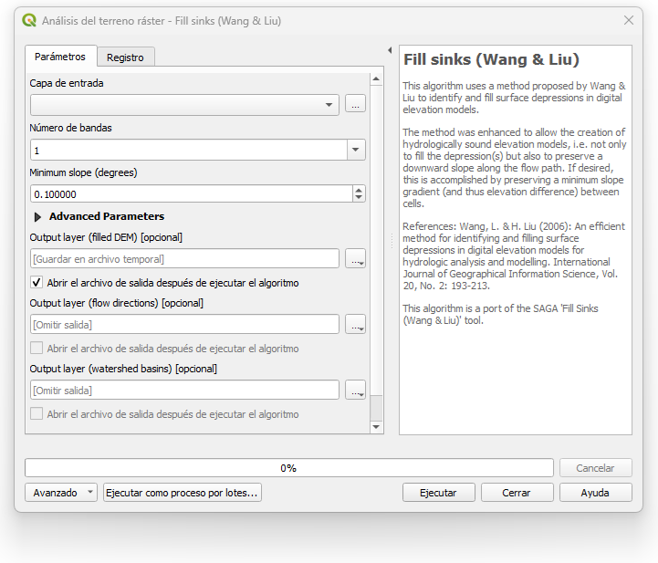 Ejecución del algoritmo Fill sinks de SAGA en la Caja de herramientas de Procesos de QGIS