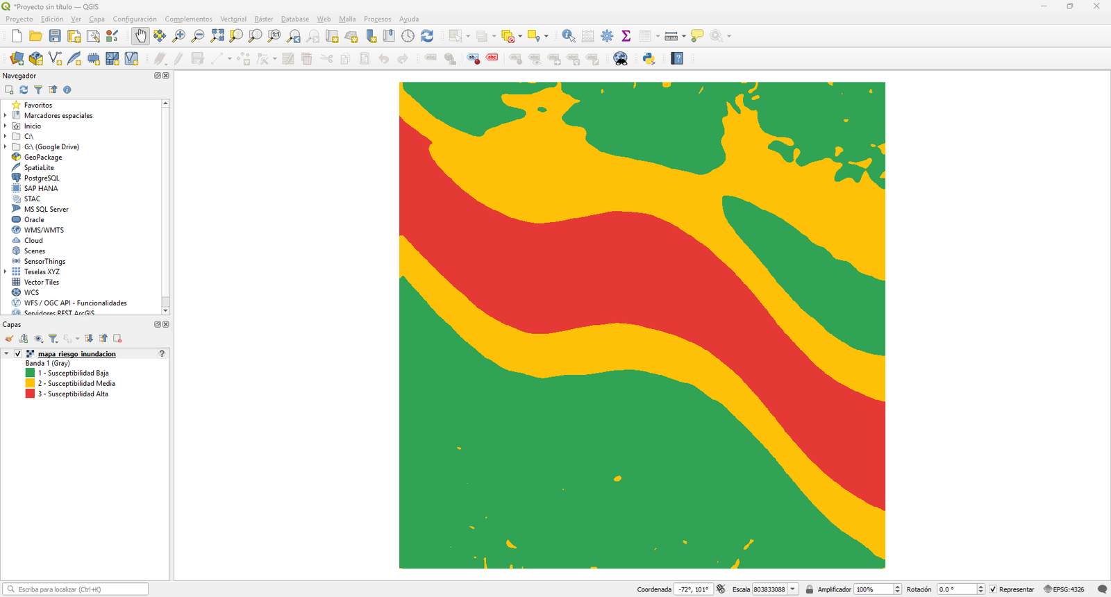 Cobertura temática final de zonificación de susceptibilidad a inundación en el lienzo de QGIS